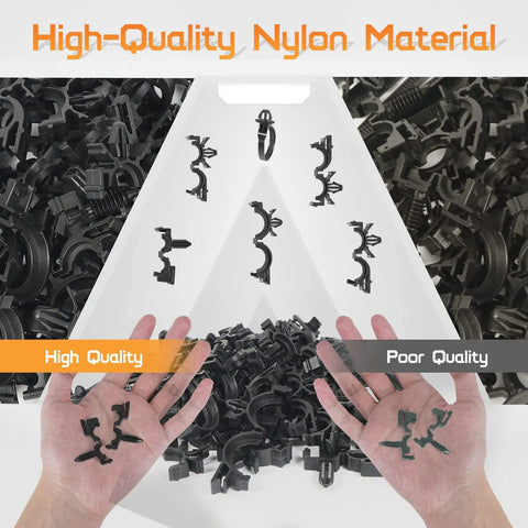 Close-up of 60 pcs automotive wire loom clips set, high-quality nylon, with hands displaying clips for wiring harness routing.