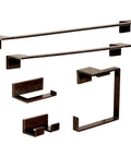 Venetian Bronze bathroom accessories set with single post toilet paper holder, towel bars, and hooks, sleek minimalist design