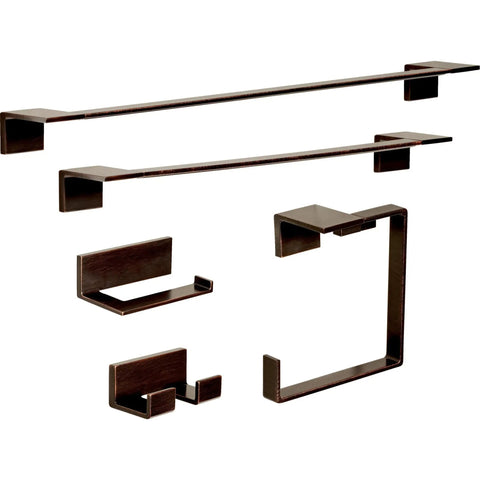 Venetian Bronze bathroom accessories set with single post toilet paper holder, towel bars, and hooks, sleek minimalist design
