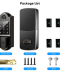 Slick Keyless Entry Smart Lock Featuring Auto Locking Fingerprint Reader with latch, screws, fobs, and keys included.