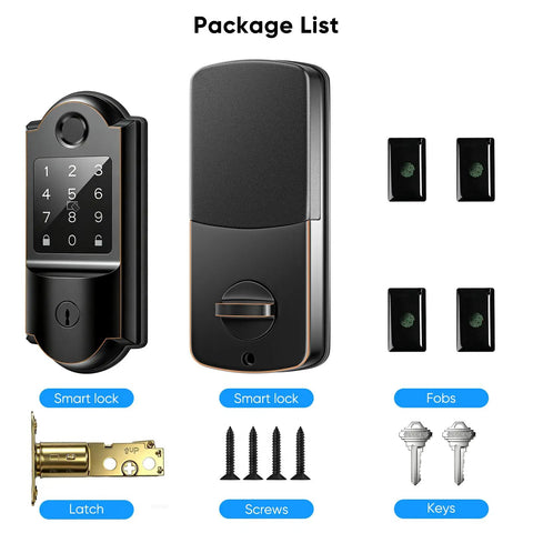Slick Keyless Entry Smart Lock Featuring Auto Locking Fingerprint Reader with latch, screws, fobs, and keys included.