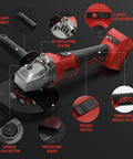 Cordless angle grinder with red/black body, 4-1/2-inch disc, 3-speed control, auxiliary handle and guard.