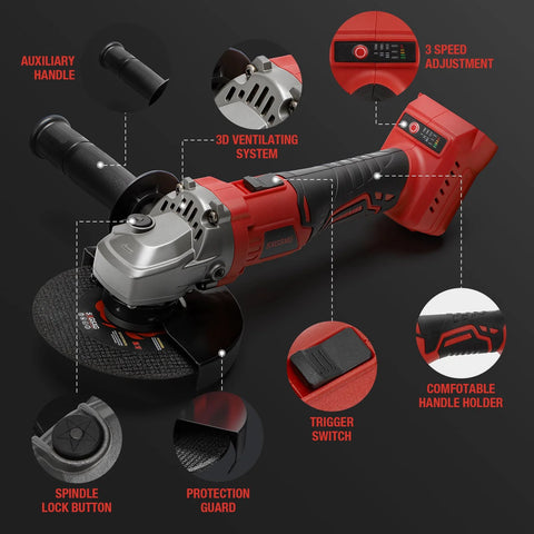 Cordless angle grinder with red/black body, 4-1/2-inch disc, 3-speed control, auxiliary handle and guard.
