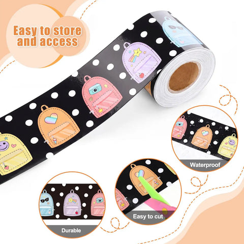 65 Ft Long Backpack Bulletin Board Border Adorbs With Polka Dot Pastel Confetti Design, black background with colorful backpacks