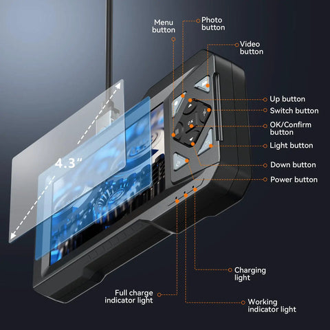1080P Endoscope Camera With Light For Tight Spaces Pro Grade Industrial Borescope With Built In LED Illumination Clear Visuals For Engine Bays Drains And Wall Cavities Includes 32GB Card 4.3-inch screen and buttons