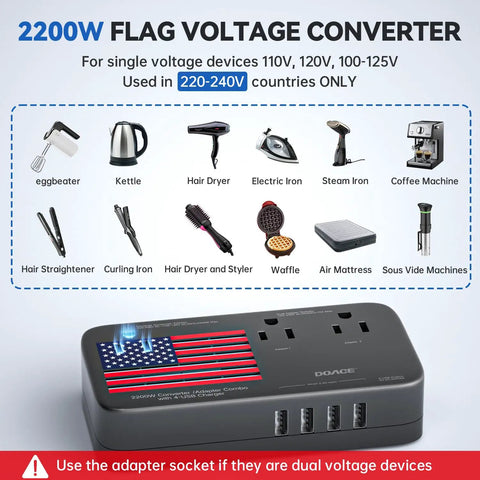 2200W Voltage Converter For 110V Appliances Europe To US Travel Adapter with USB ports and US flag design