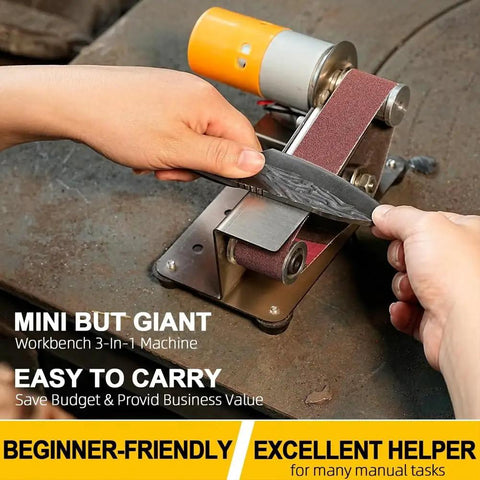 7 Speed Adjustable Buffer Polisher With Electric Belt Sander And Knife Sharpener Attachment in use sharpening a knife.