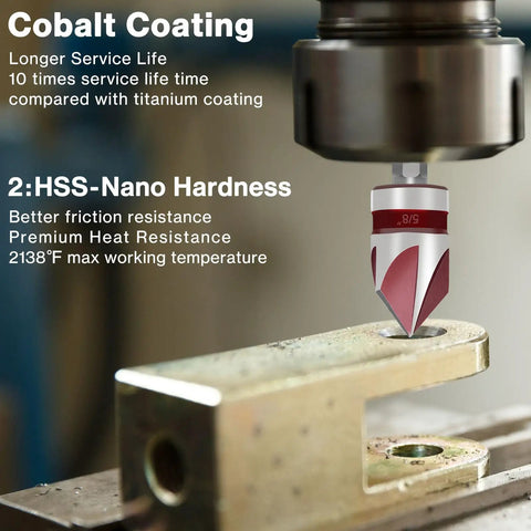 Close-up of Pro Grade M35 Cobalt Countersink Drill Bit Set with 82 Degree Precision cutting metal with cobalt coating highlights