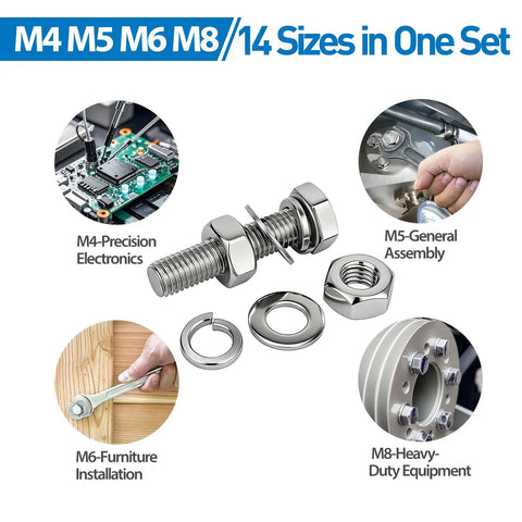 520 Piece M4 M5 M6 M8 Hex Bolts Nuts Washers All In One Dope Kit In 304 Stainless Steel with various assembly applications