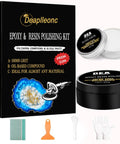 Pro Grade Epoxy Resin Polishing Kit For High Gloss Finishes with polishing compounds and tools shown in packaging.
