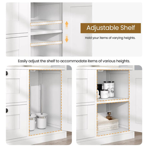 Adjustable shelf inside space saving freestanding bathroom cabinet with one door and three drawers for neat room organization.
