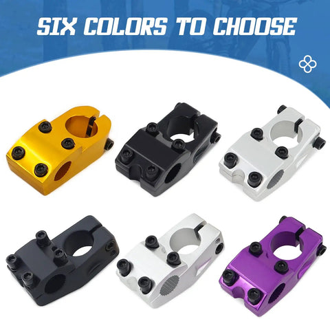 Six color variations of Rugged Aluminum BMX Bike Stem 95mm Rise for 22.2mm Bars and 1 1/8 Inch Fork Matte Black Ride Ready Finish