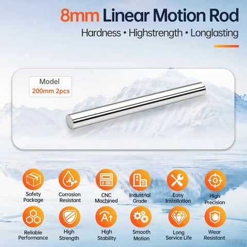 Two Piece 8mm By 200mm Linear Motion Rods Shaft Guide Set For Smooth Precision Linear Rail Systems with polished chrome finish.