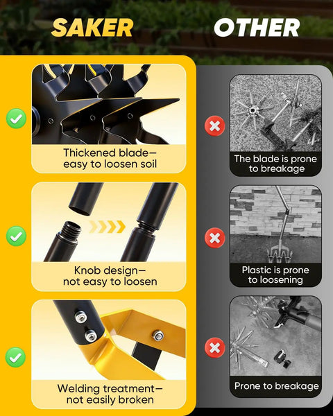 Comparison of sturdy features of 2-In-1 Manual Rotary Cultivator And Weeder with adjustable long handle and other tools.