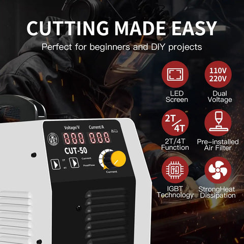 Beast Plasma Cutter 50 Amp Dual Voltage 110/220V IGBT Inverter With Large Digital Display And Air Sensor Delivers Clean 1/2 Inch Cuts 5/8 Inch Max Cut Post Flow 2T/4T Portable Metal Cutting Machine showing digital display and control panel.