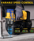Heavy Duty Cordless Impact Wrench Compatible With Dewalt 20V Max Batteries shown with variable speed control feature.