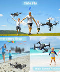 Family enjoying the 1080P HD FPV Foldable Drone for Adults & Beginners performing flips and flying by the beach.