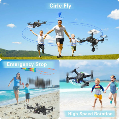 Family enjoying the 1080P HD FPV Foldable Drone for Adults & Beginners performing flips and flying by the beach.