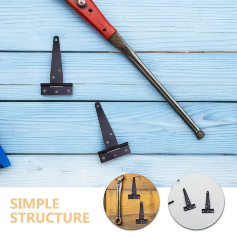 8 Pack Beefy Heavy Duty T Hinges With Screws For Outdoor Gates And Fences on wooden background with tools