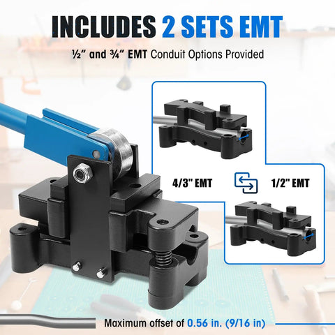 SDSNTE 2-In-1 Conduit Offset Bender For 1/2 Inch And Three Quarter EMT Electrician Grade Box Breaker Tool Quick Swap Design with two conduit sizes.