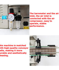 Top Shelf Automatic Pneumatic Filling Machine With Magnetic Pump And Four Head Desktop Setup showcasing barometer and conveyor belt design.