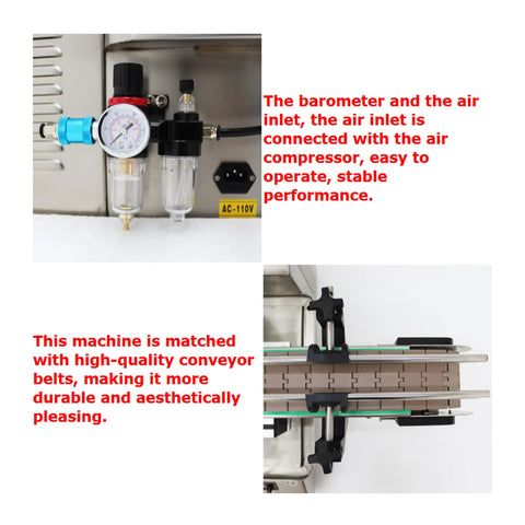 Top Shelf Automatic Pneumatic Filling Machine With Magnetic Pump And Four Head Desktop Setup showcasing barometer and conveyor belt design.