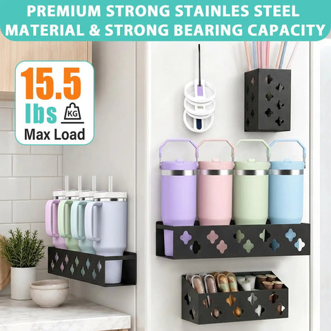 Magnetic Fridge Bottle Organizer And Cup Holder Kit For 30-40 Oz Tumblers with four pastel tumblers and accessory storage.