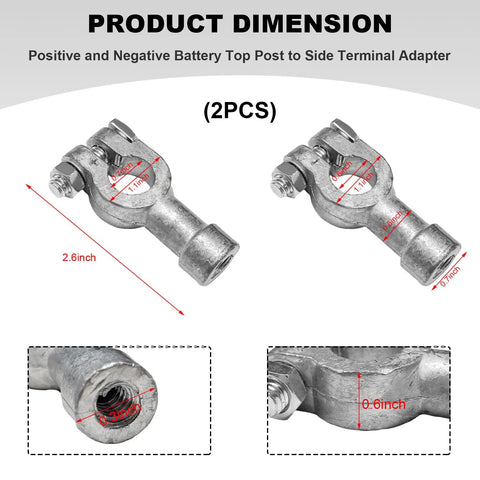 Heavy Duty Battery Connectors Converting Top Post To Side Terminal for wiring dimensions showing positive and negative adapters.