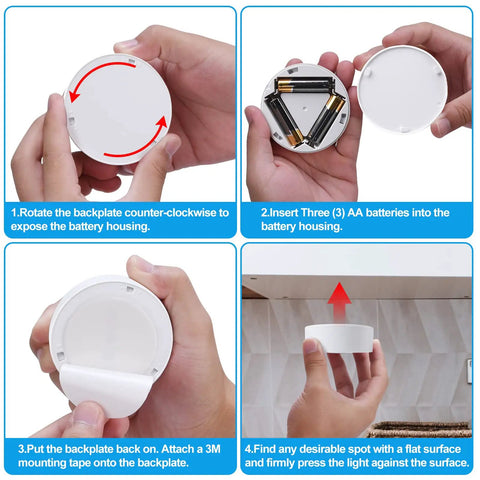 Step-by-step installation guide for Remote Puck Lights Kit, 3 Pack With 13 Color Changing Under Cabinet Lights.
