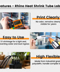 Features of Top Shelf Heavy Duty Heat Shrink Label Tape For Rhino Series Printers Bulk 15 Pack with printer and label application.