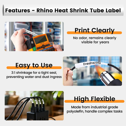 Features of Top Shelf Heavy Duty Heat Shrink Label Tape For Rhino Series Printers Bulk 15 Pack with printer and label application.