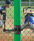 Magnetic Camera Fence Mount for GoPro, Mevo Start, Insta360 Pocket 3, and iPhone with two magic arms on a sports field