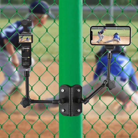 Magnetic Camera Fence Mount for GoPro, Mevo Start, Insta360 Pocket 3, and iPhone with two magic arms on a sports field
