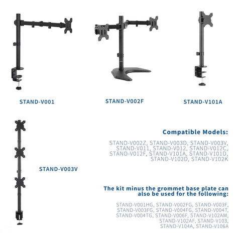 Heavy Duty Grommet Kit For Desk Monitor Mounts with steel stands including STAND-V001, STAND-V002F, and STAND-V101A.