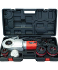 No Sweat Portable Electric Pipe Threader With Brawny 2000 Watt Copper Motor and Quick Swap Steel Dies in storage case.