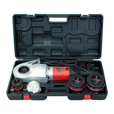 No Sweat Portable Electric Pipe Threader With Brawny 2000 Watt Copper Motor and Quick Swap Steel Dies in storage case.