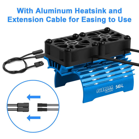 Dual 30mm RC Car Cooling Fans With Metal Heatsink, Up To 28000 RPM, shown with aluminum heatsink and extension cables