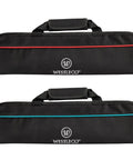 Top view of two black Roll Up Knife Bag Case With Zippered Pouch for Secure Knife Transport camping kitchen gear in red and blue trim