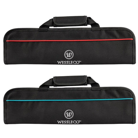 Top view of two black Roll Up Knife Bag Case With Zippered Pouch for Secure Knife Transport camping kitchen gear in red and blue trim
