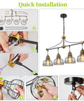 Quick installation of Rustic Lit 4 Light Pendant Lighting For Kitchen Island And Dining Room with clear glass shades in steps.