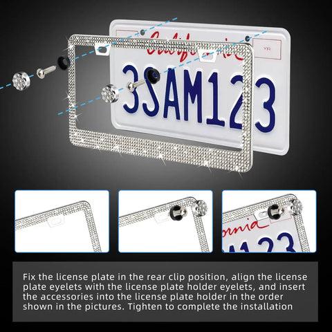 Two Pack White Bling License Plate Frames Sparkly Diamond Car Plate Holder Universal Six By Twelve Inches installation guide