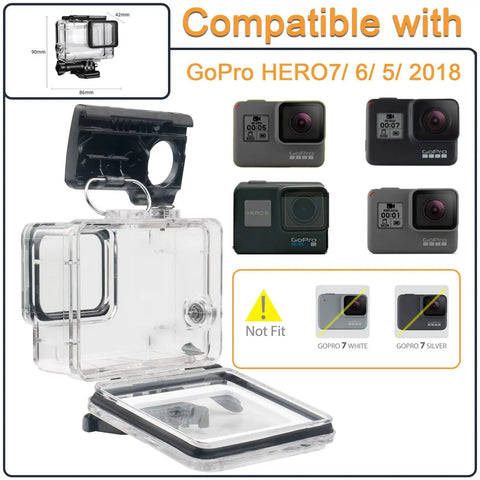 Ultra Durable Waterproof Housing Case For Action Camera Hero 5 6 7 Black, open view with bracket, size dimensions shown.
