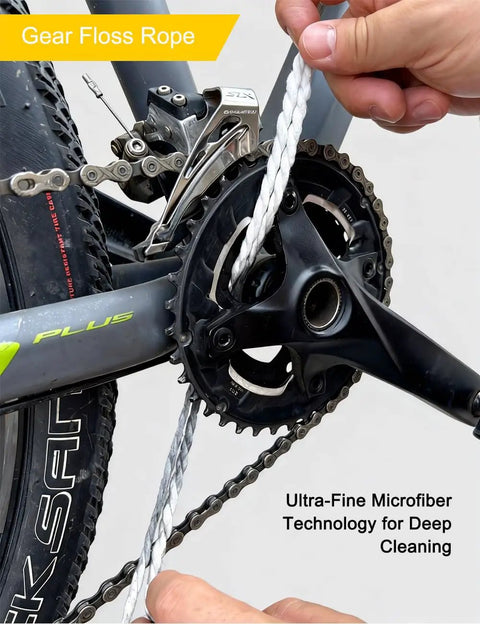 Using gear floss rope from 7 Piece Bike Cleaning Kit With Degreaser 10 Oz And Wet Lube 2 Oz, Chain Scrubber And Brush