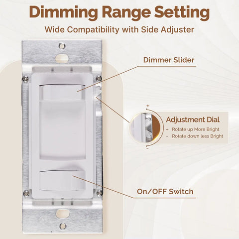 No Neutral Dimmer Switch For 3-Way And Single Pole, 600W For Incandescent/Halogen, 300W Dimmable LED CFL, White, ETL Listed, 120V, Not Compatible With Smart Lighting Fixtures on wall plate with slider and dial
