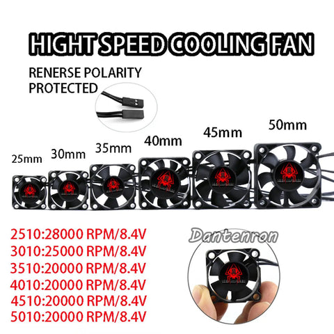 Ultra Fast RC Motor Cooling Fan With High Speed Heatsink 28000 RPM 6V To 8.5V sizes 25-50mm for RC cars, trucks, crawlers