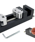 Mini Vise Clamp With Smart Fractal Design for Drill Press and Bench Use, CNC aluminum, shown with a hex key.