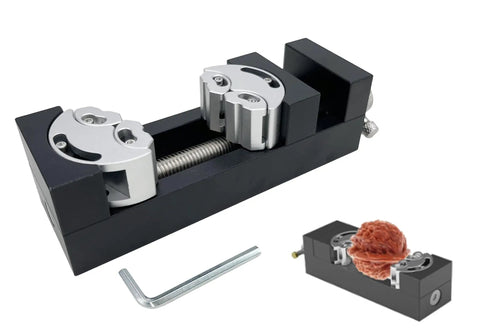 Mini Vise Clamp With Smart Fractal Design for Drill Press and Bench Use, CNC aluminum, shown with a hex key.