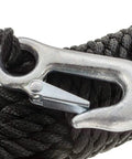 Poly Winch Rope With Steel Hook 3/8 In By 20 Ft, Heavy Duty Twisted Polypropylene, close-up of hook detail, black color.