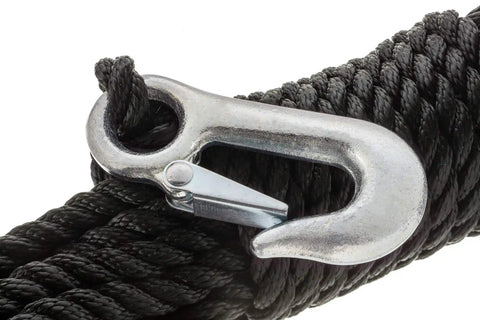 Poly Winch Rope With Steel Hook 3/8 In By 20 Ft, Heavy Duty Twisted Polypropylene, close-up of hook detail, black color.