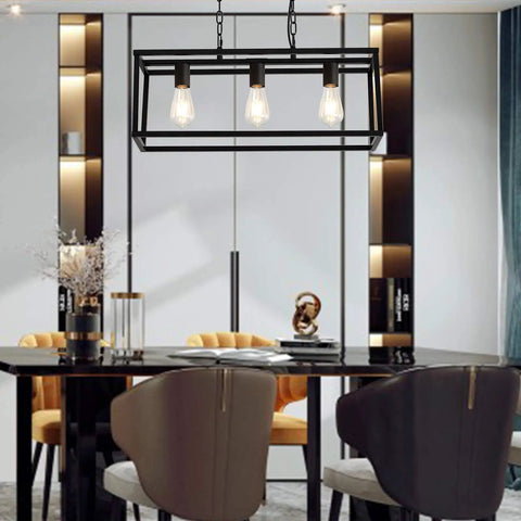 Rectangle Black 3 Light Pendant Light For Kitchen Island And Dining Room Sleek Contemporary Linear Cage Fixture With Farmhouse Vibe Ceiling Mount Adjustable Stem Easy Install Modern Hanging Lighting